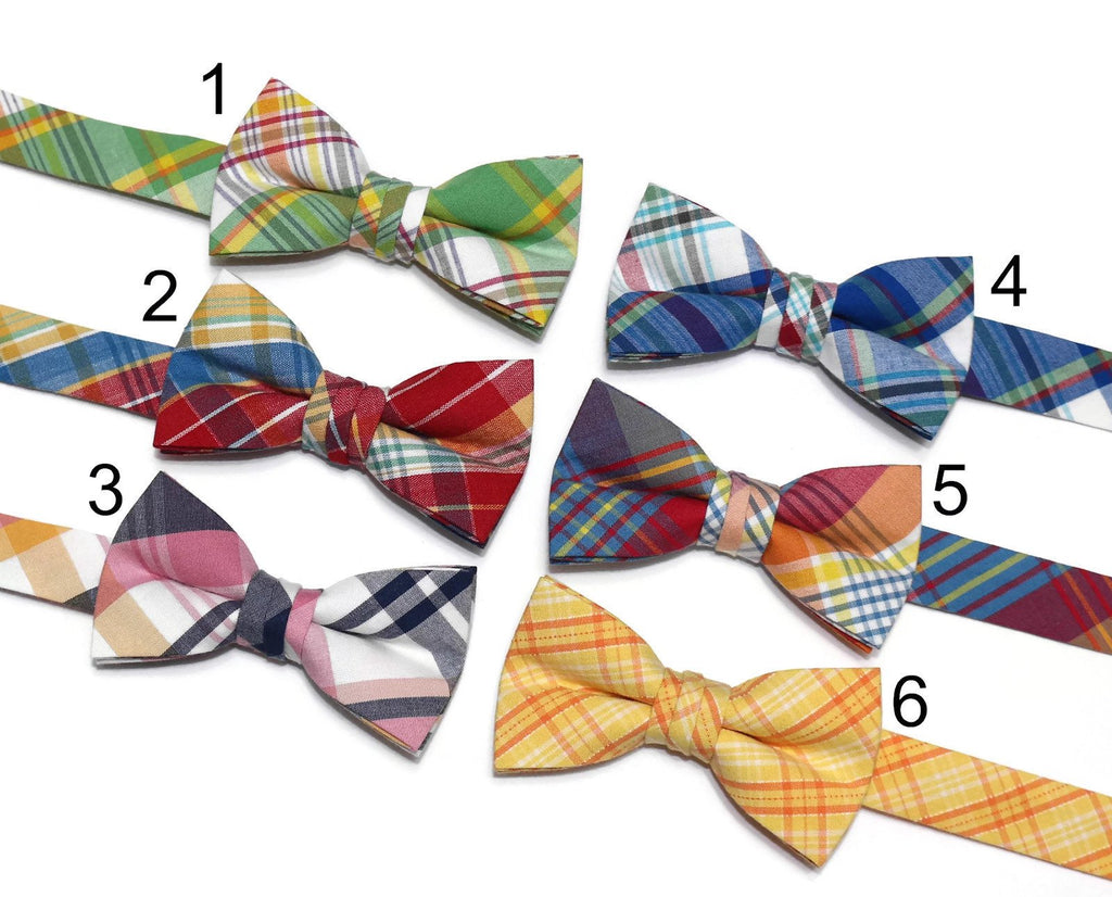 Newport Plaid Bow Tie - Boys collection featuring handcrafted neckties in green, red, navy, blue, and yellow plaid patterns.