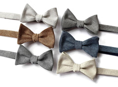 Linen Bow Tie collection showcasing light gray, brown, shale, grayl, nautical, and natural options. Handcrafted neckties and accessories.