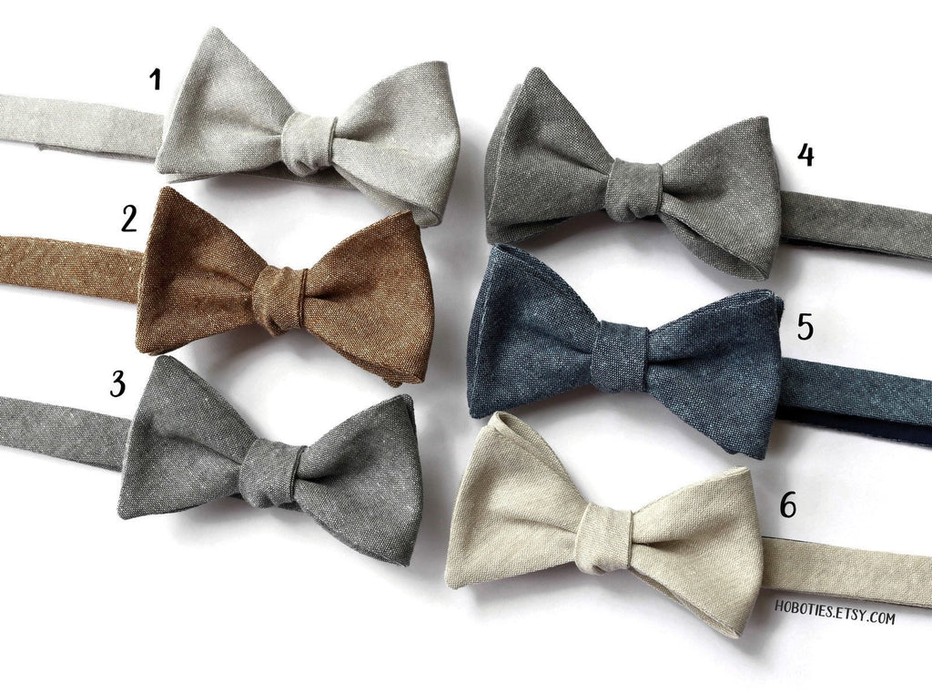 Linen Bow Tie collection featuring light gray, brown, shale, grayl, nautical, and natural linens for men and boys.