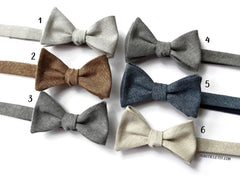 Linen Bow Tie collection featuring light gray, brown, shale, grayl, nautical, and natural linens for men and boys.