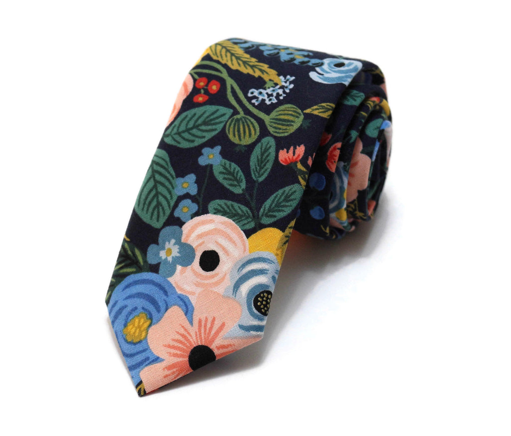 Navy Garden Party Floral Necktie, handcrafted neckties, handmade men’s accessories USA, floral neckties, unique bow tie patterns.