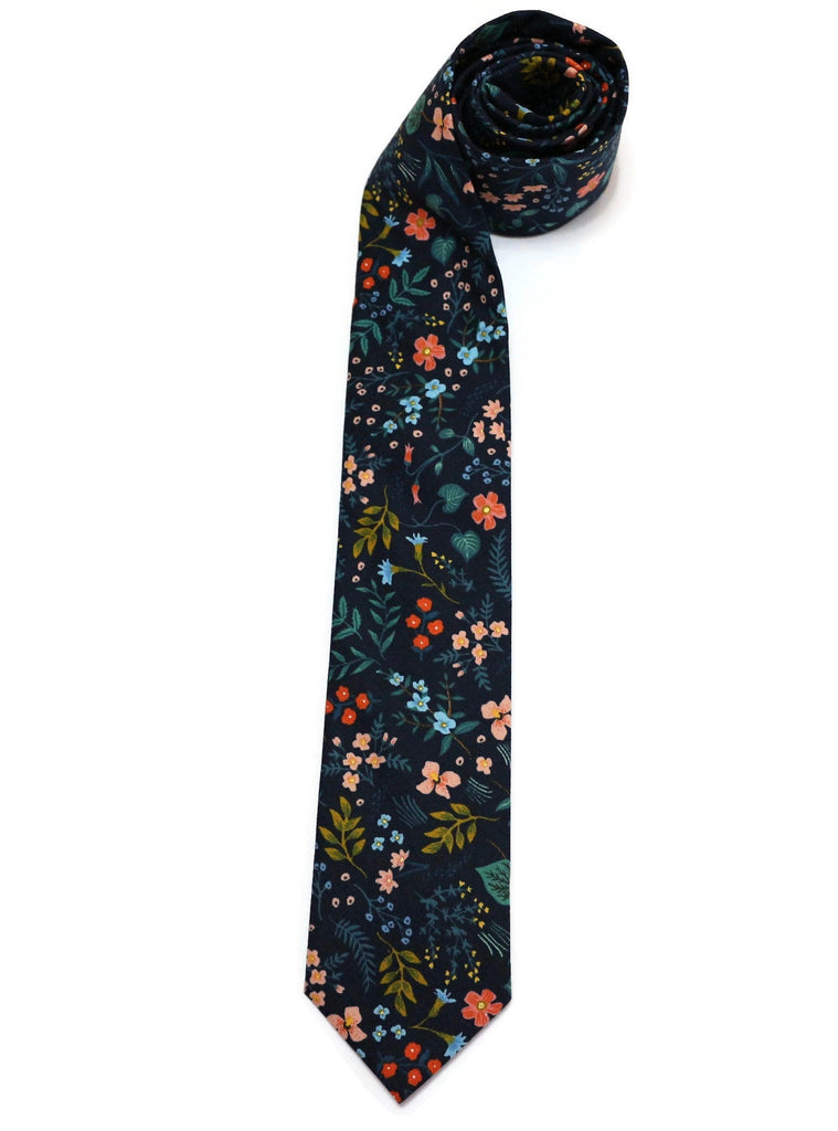Navy Metallic Wildwood Floral Necktie, handcrafted neckties, floral neckties, men's neckwear accessories.