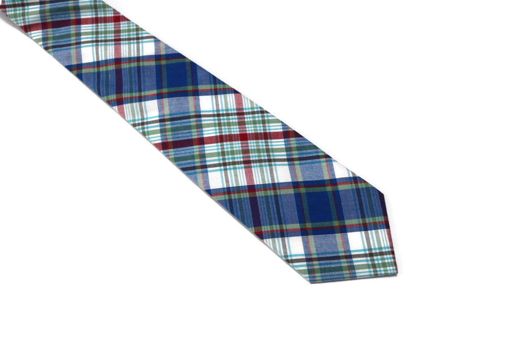 Blue Newport Plaid Necktie, a handcrafted necktie featuring a vibrant plaid design, perfect for formal and casual wear.