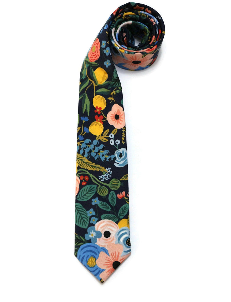 Navy Garden Party Floral Necktie showcasing vibrant floral patterns, perfect for men’s formal wear accessories.