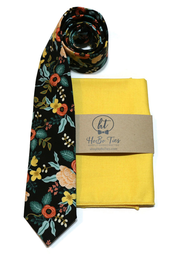Black Birch Floral Necktie with matching pocket square, handcrafted neckties for men and boys.