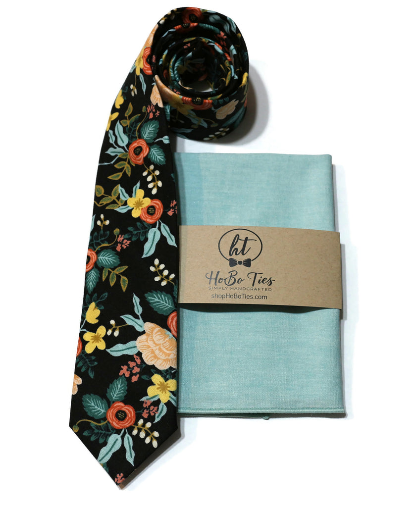 Black Birch Floral Necktie with matching pocket square for men's formal wear accessories.