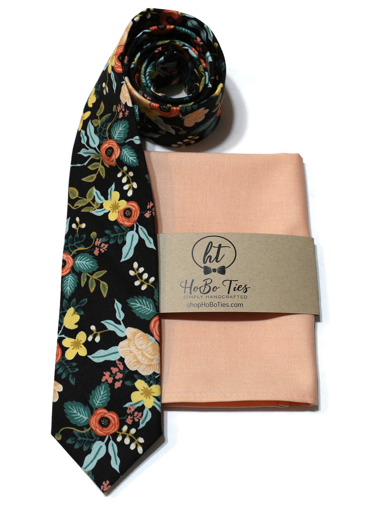 Black Birch Floral Necktie with a matching peach pocket square, perfect for formal wear accessories men.
