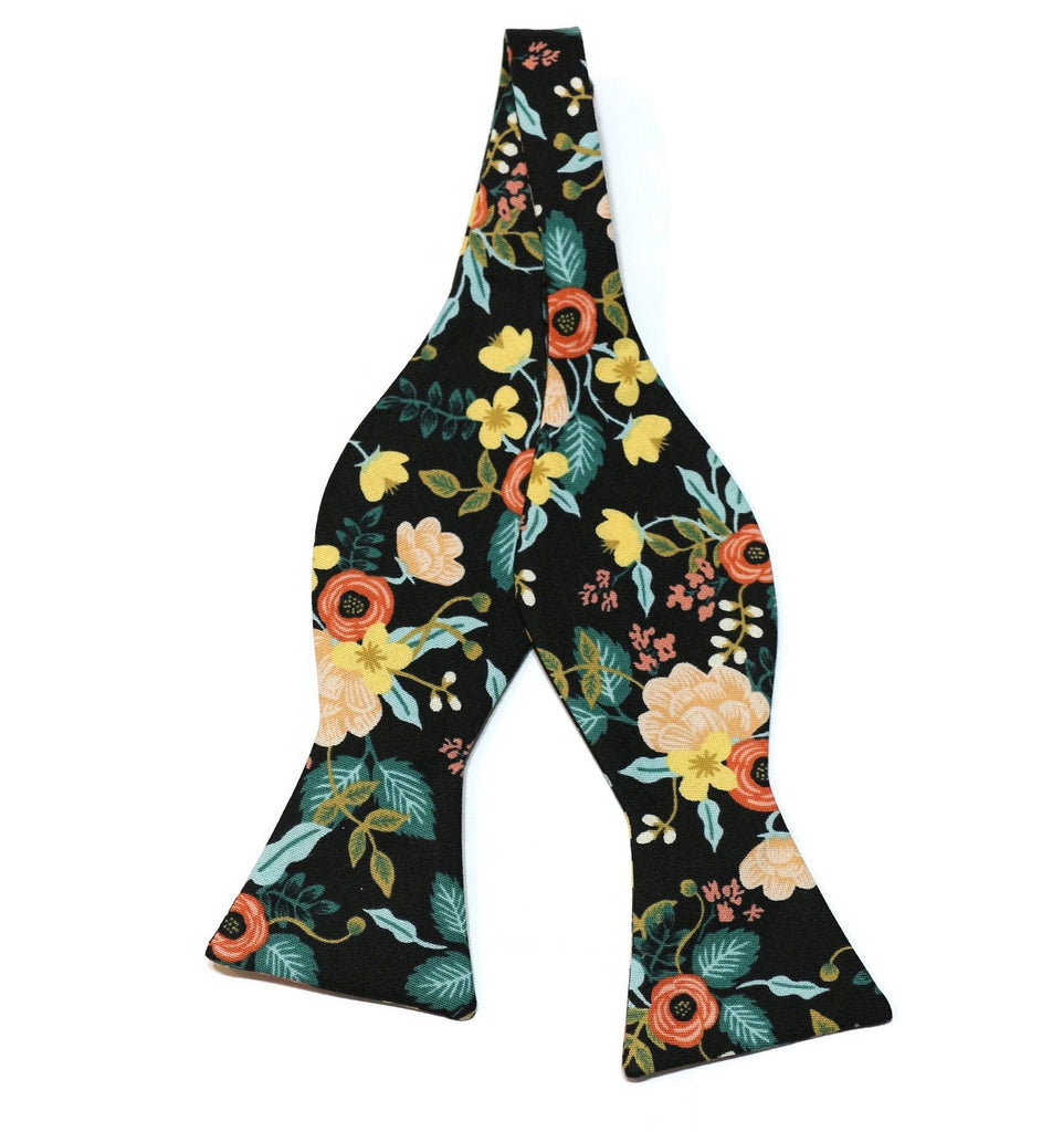 Black Birch Floral Bow Tie handcrafted neckties featuring vibrant floral patterns, perfect for men's formal wear.