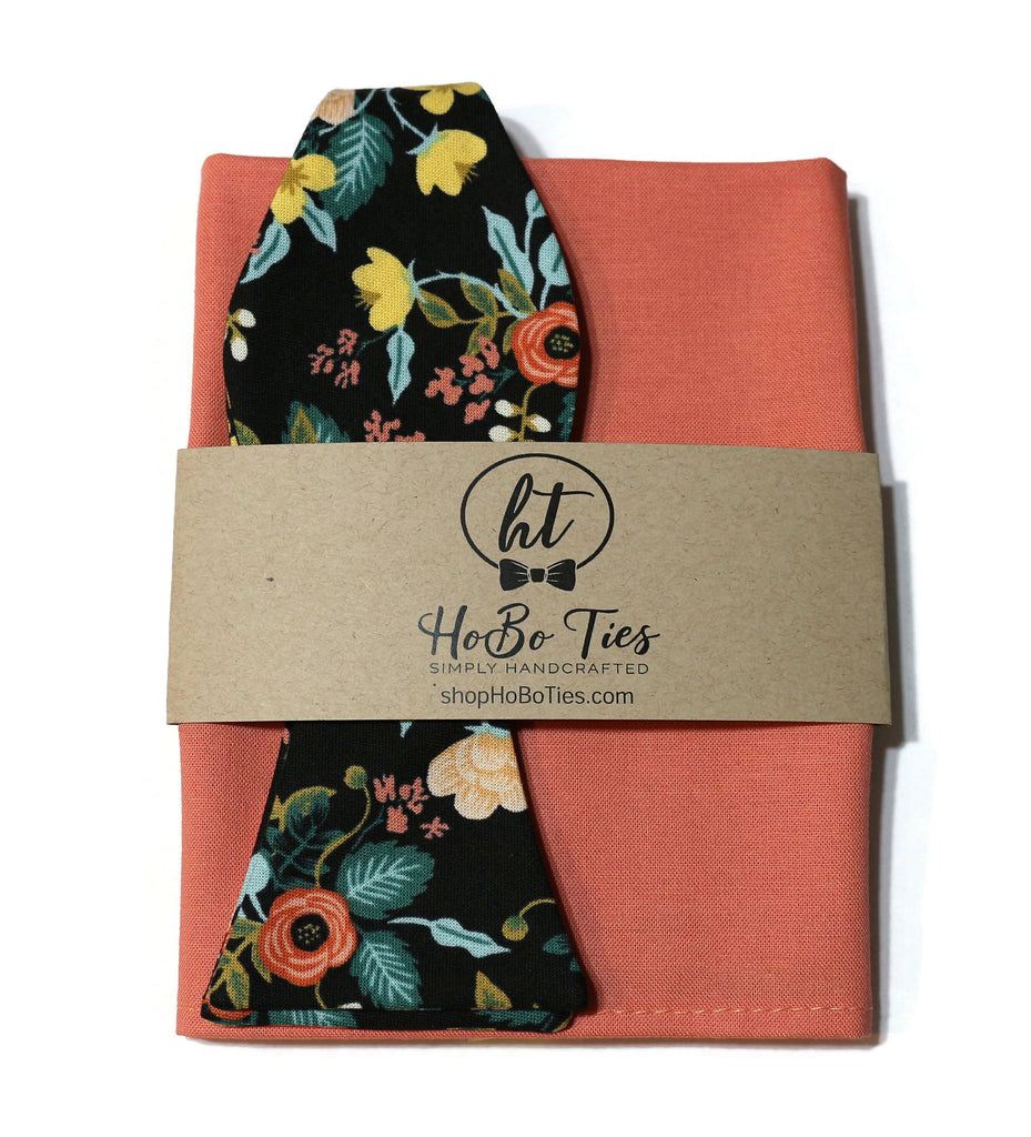 Black Birch Floral Bow Tie with matching pocket square, handcrafted neckties for men and boys, unique floral patterns.