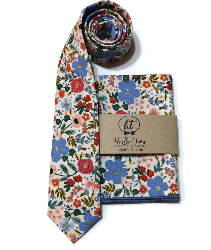 Cream Wild Rose Floral Necktie paired with matching pocket square, handcrafted neckties and accessories for men.