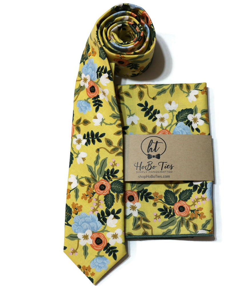 Yellow Birch Floral Necktie with floral pattern, handcrafted neckties and pocket square set for men and boys.