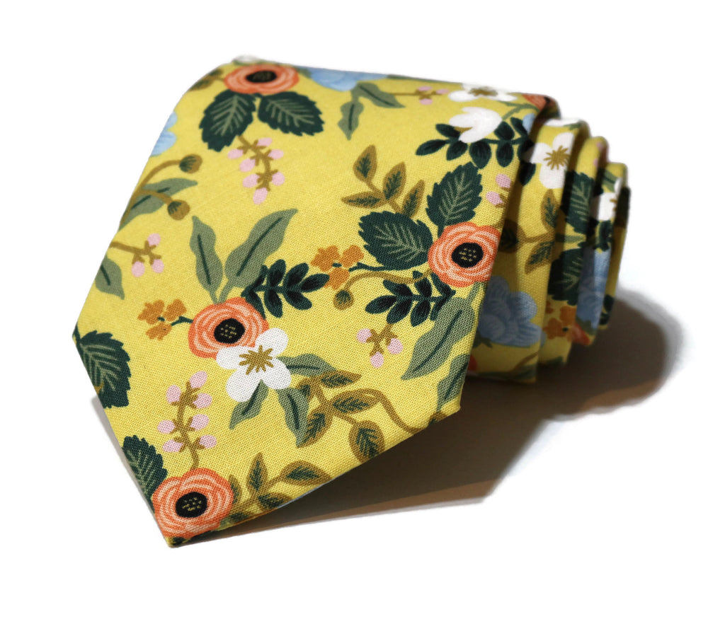 Yellow Birch Floral Necktie handcrafted neckties, featuring vibrant floral pattern on cotton for men and boys.