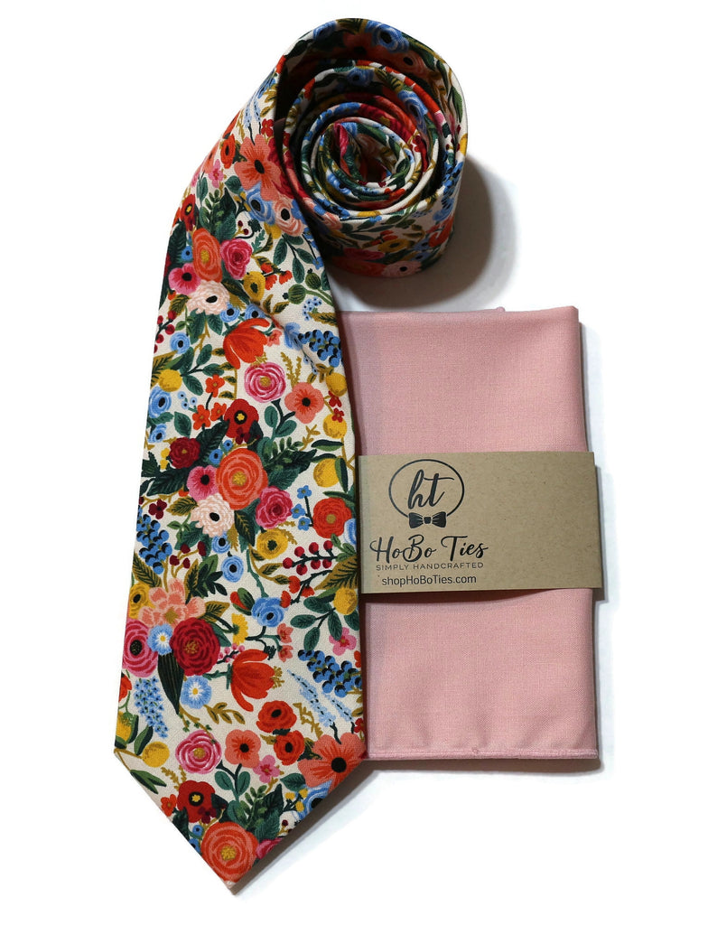 Cream Garden Party Petite Floral Necktie with pink pocket square, perfect for formal wear accessories men.