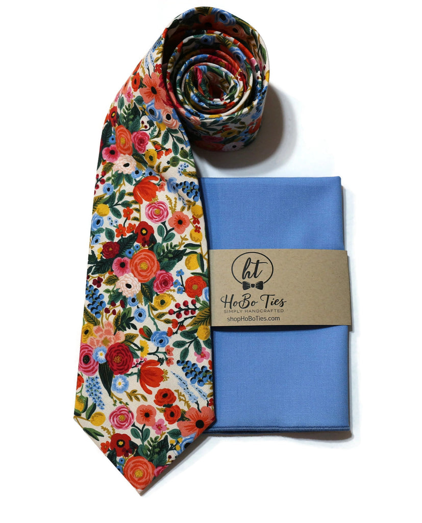 Cream Garden Party Petite Floral Necktie with matching blue pocket square for men’s formal wear accessories.