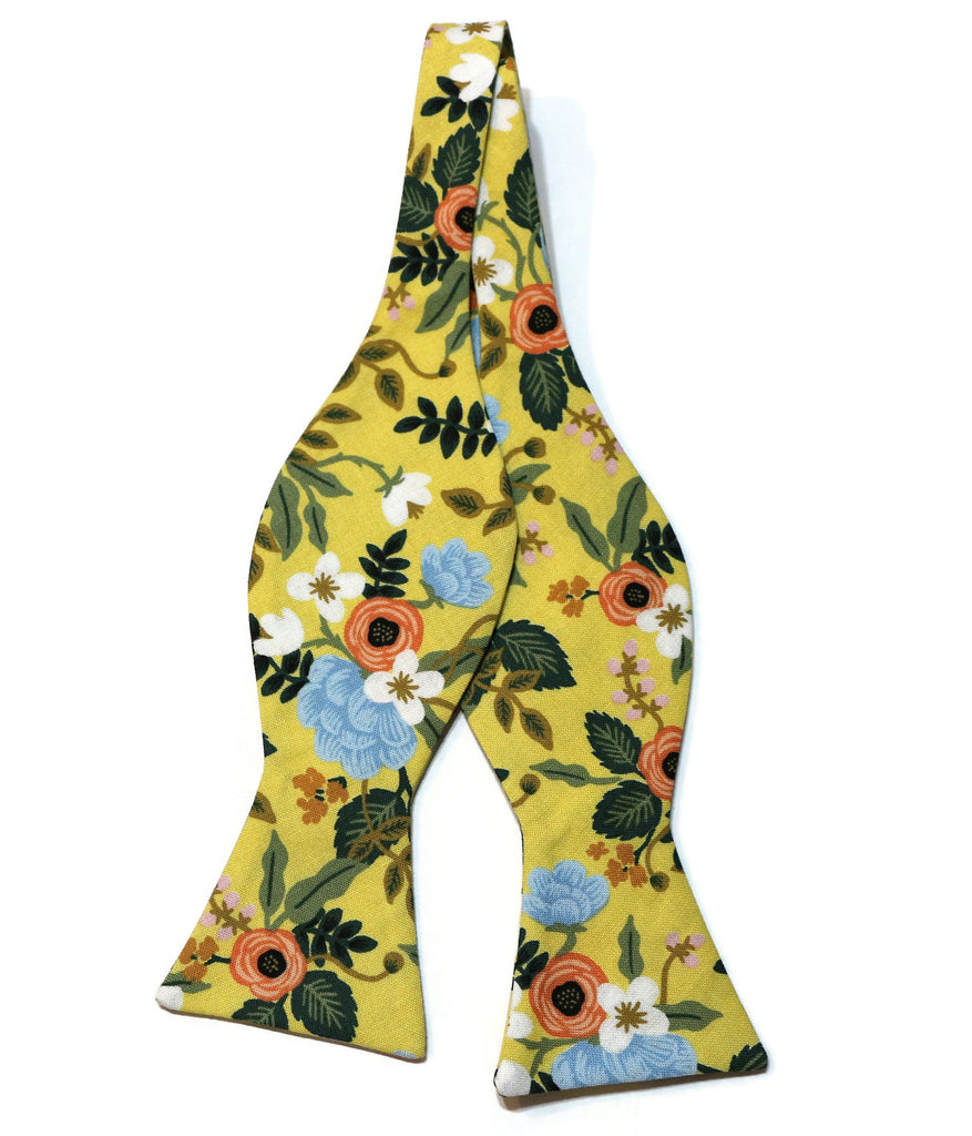 Yellow Birch Floral Bow Tie handcrafted with floral design, perfect for men and boys, unique neckwear for special occasions.