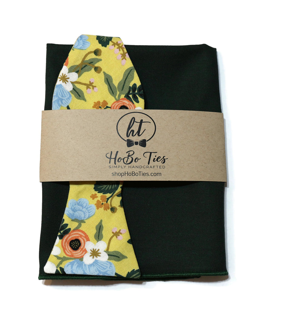 Yellow Birch Floral Bow Tie with coordinating pocket square from HoBo Ties, perfect for men's formal wear accessories.