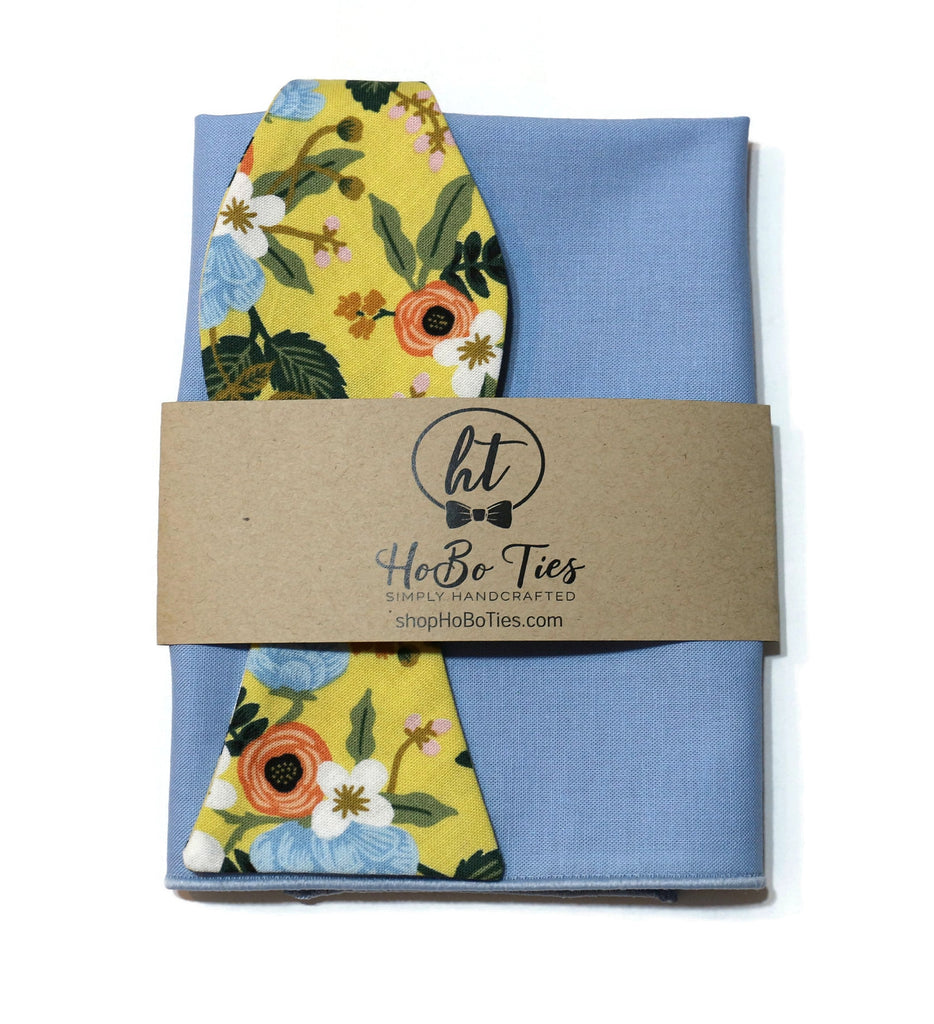 Yellow Birch Floral Bow Tie with blue pocket square, handcrafted neckties by Hobo Ties.