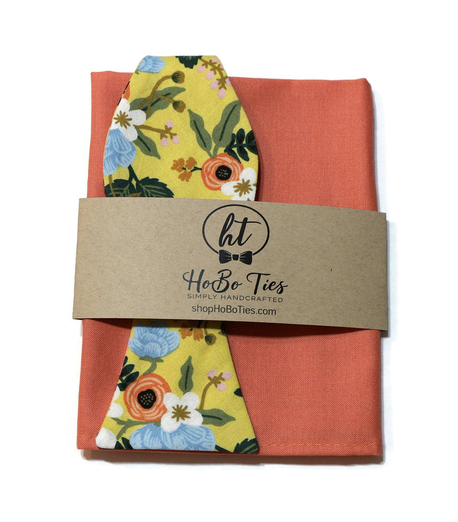 Yellow Birch Floral Bow Tie with matching pocket square, handcrafted neckties for men, unique bow tie patterns.