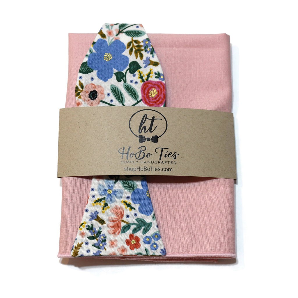 Cream Wild Rose Floral Bow Tie with matching pocket square, handcrafted neckties for men, unique handmade accessories.