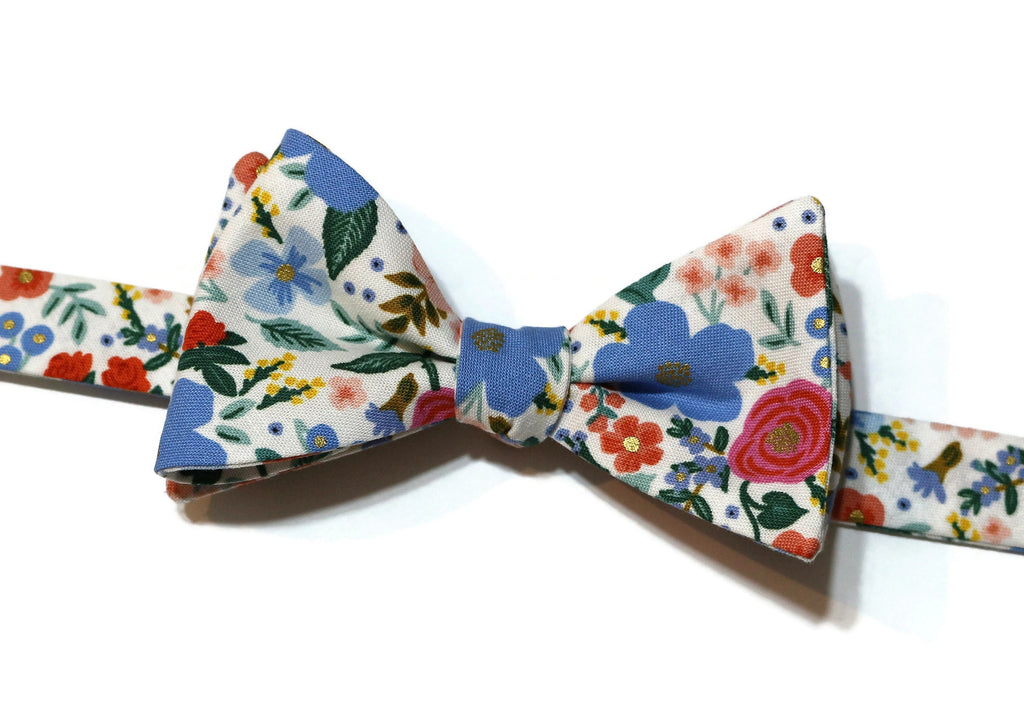 Cream Wild Rose Floral Bow Tie featuring vibrant floral patterns, perfect for weddings and special occasions, handcrafted with care.