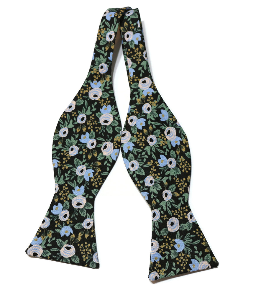 Black Rosa Floral Bow Tie handcrafted neckties with floral pattern and vibrant colors, perfect for formal wear and weddings.