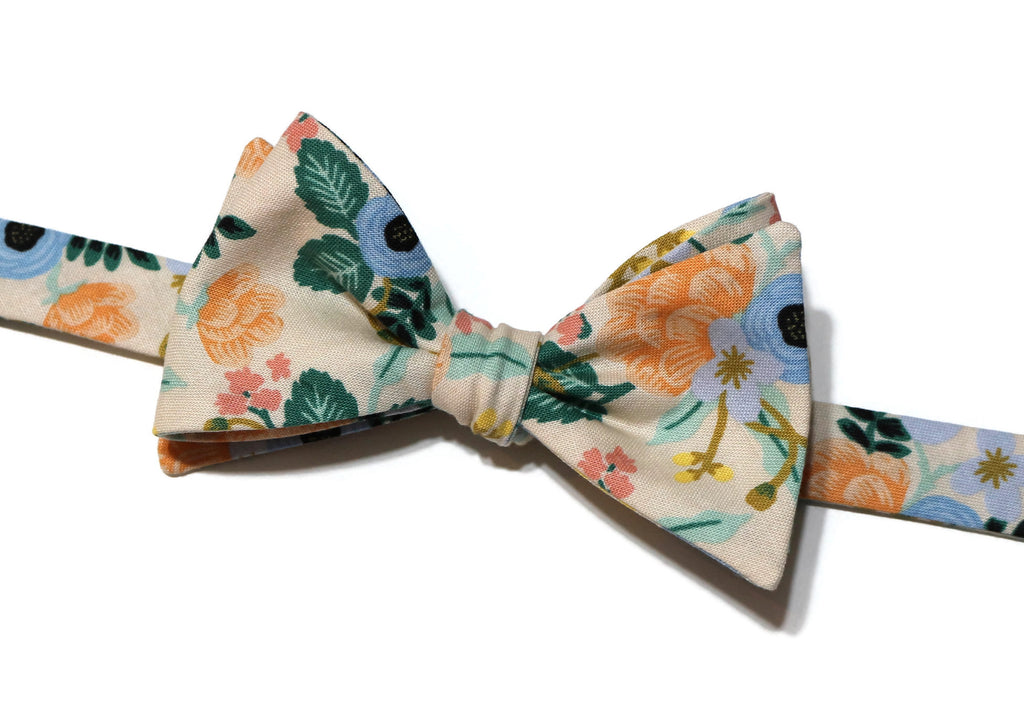 Blush Birch Floral Bow Tie showcasing colorful floral patterns, perfect for men's wedding accessories and unique bow tie styles.