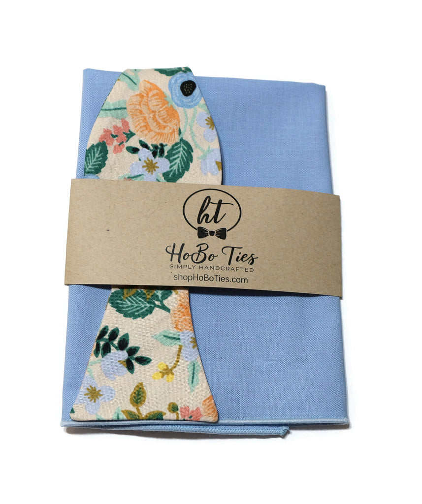 Blush Birch Floral Bow Tie and matching pocket square in light blue with floral tag, handcrafted neckties and accessories.