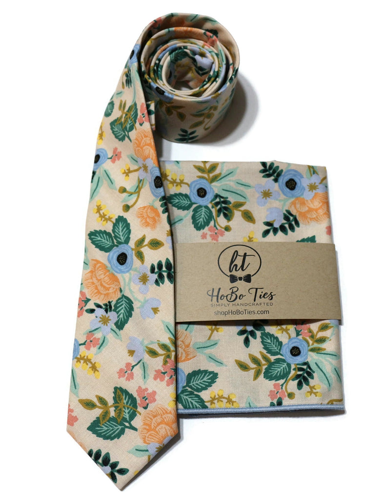 Blush Birch Floral Necktie displayed with matching pocket square, a perfect handmade accessory for men and boys.