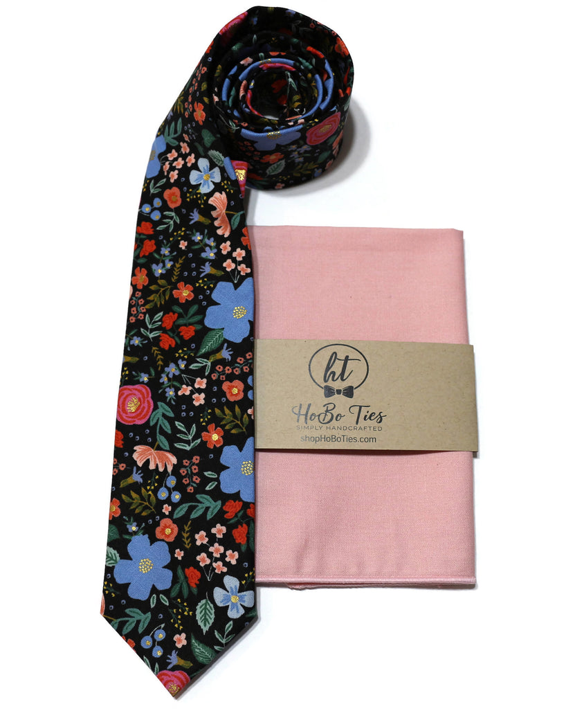 Black Wild Rose Floral Necktie with matching pocket square, handmade neckwear for men and boys, floral pattern.