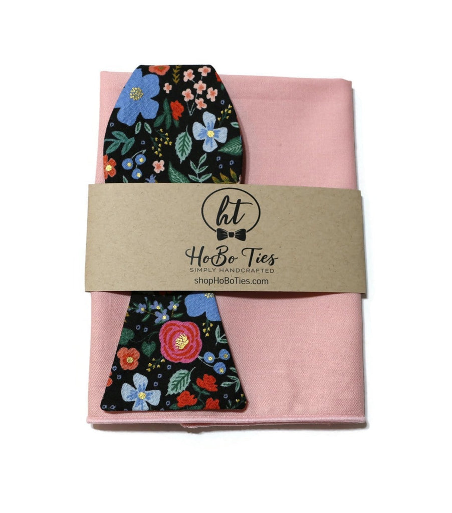 Black Wild Rose Floral Bow Tie with pink pocket square, handcrafted neckties and handmade accessories for men.