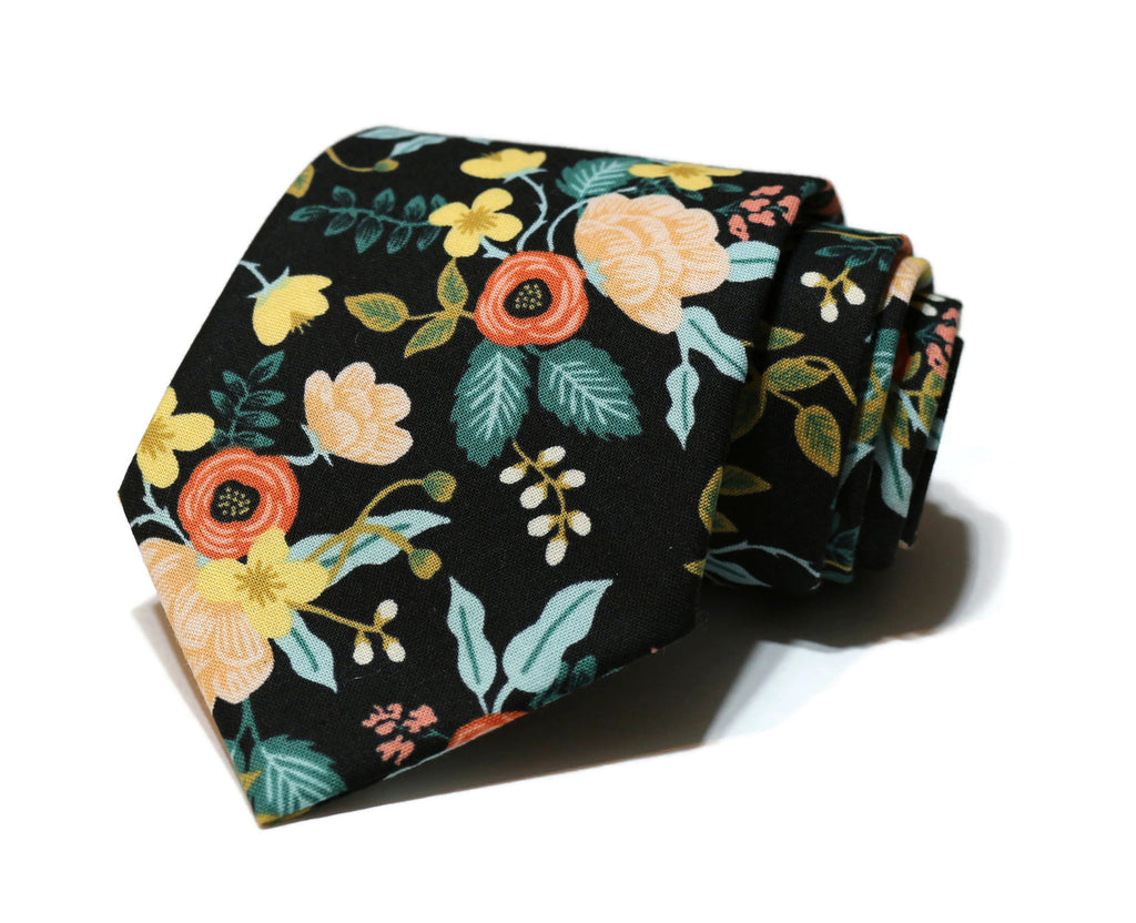 Black Birch Floral Necktie, a handcrafted necktie featuring a vintage floral design, perfect for men's formalwear.