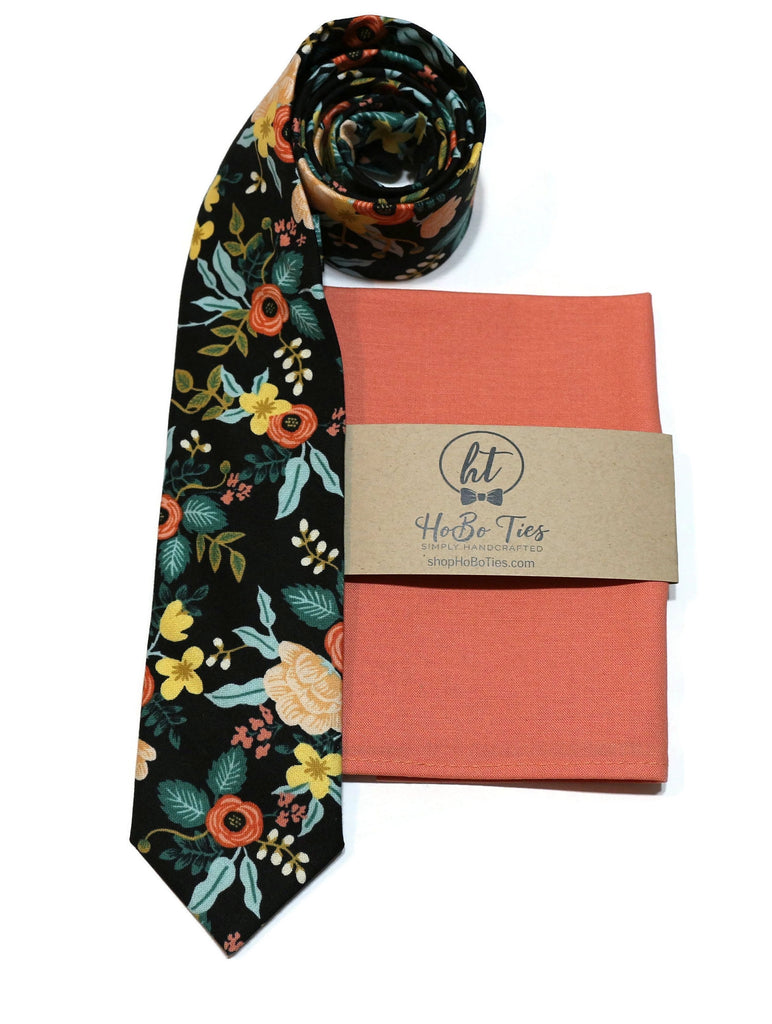 Black Birch Floral Necktie with pocket square, featuring vibrant floral design, a stylish accessory for men and boys.