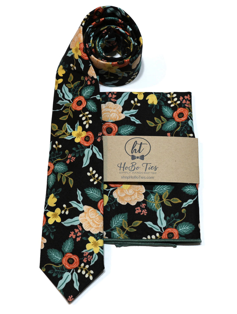 Black Birch Floral Necktie with matching pocket square, handcrafted neckties for men and boys, perfect wedding accessory.