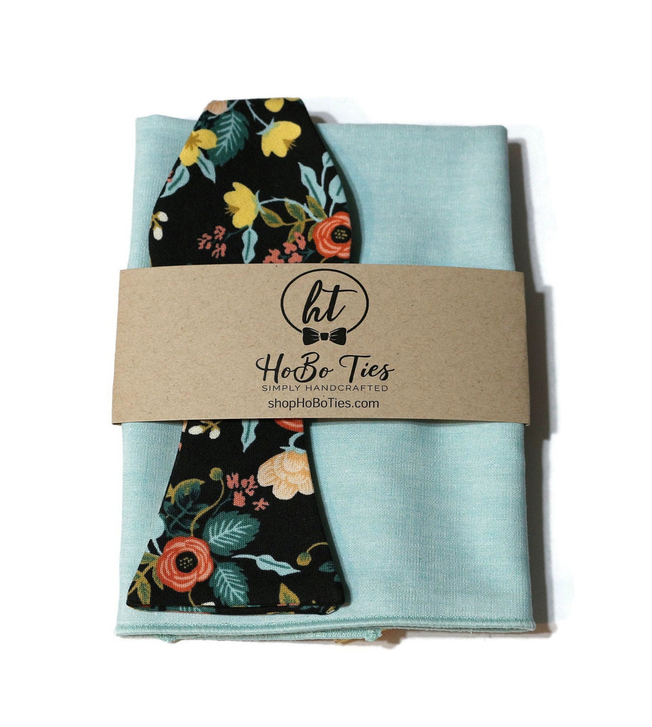 Black Birch Floral Bow Tie with matching pocket square, handcrafted neckties for men, unique floral design.