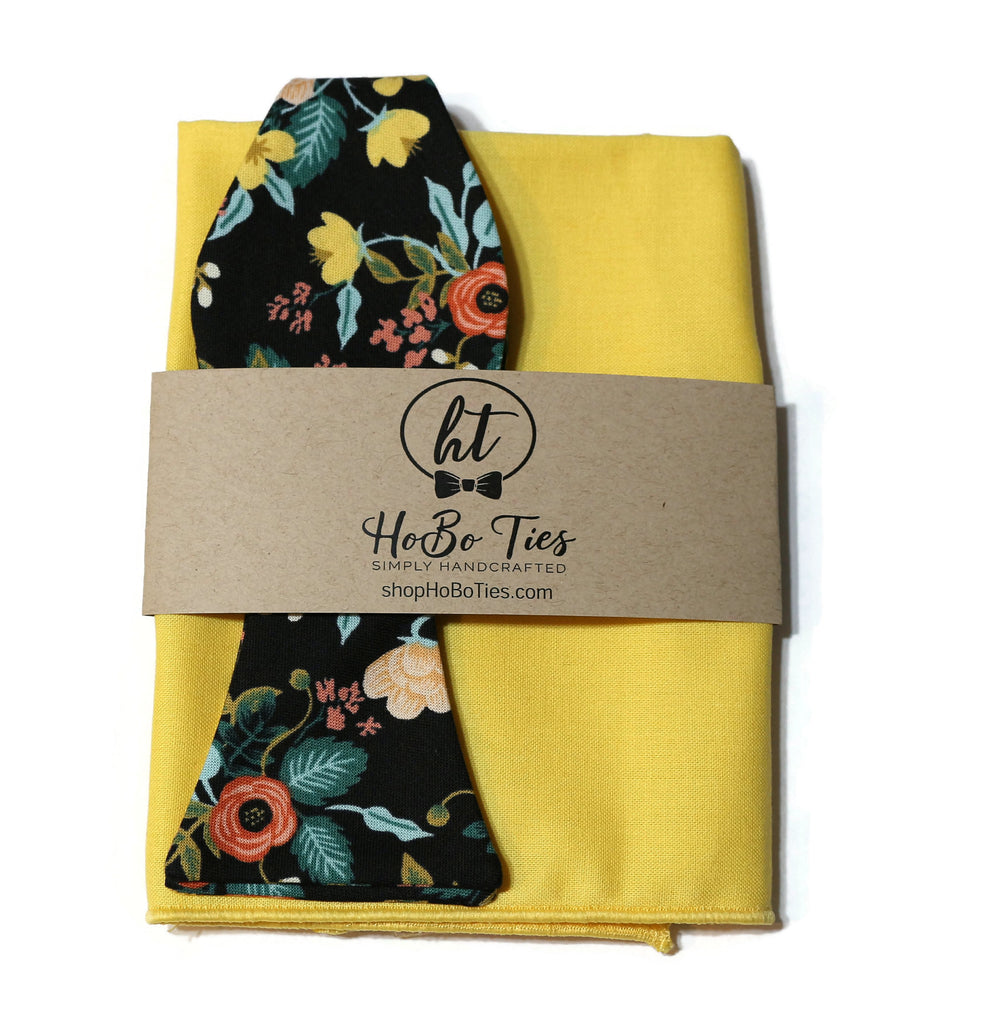 Black Birch Floral Bow Tie with yellow pocket square, handmade bow ties from HoBo Ties, unique bow tie patterns.