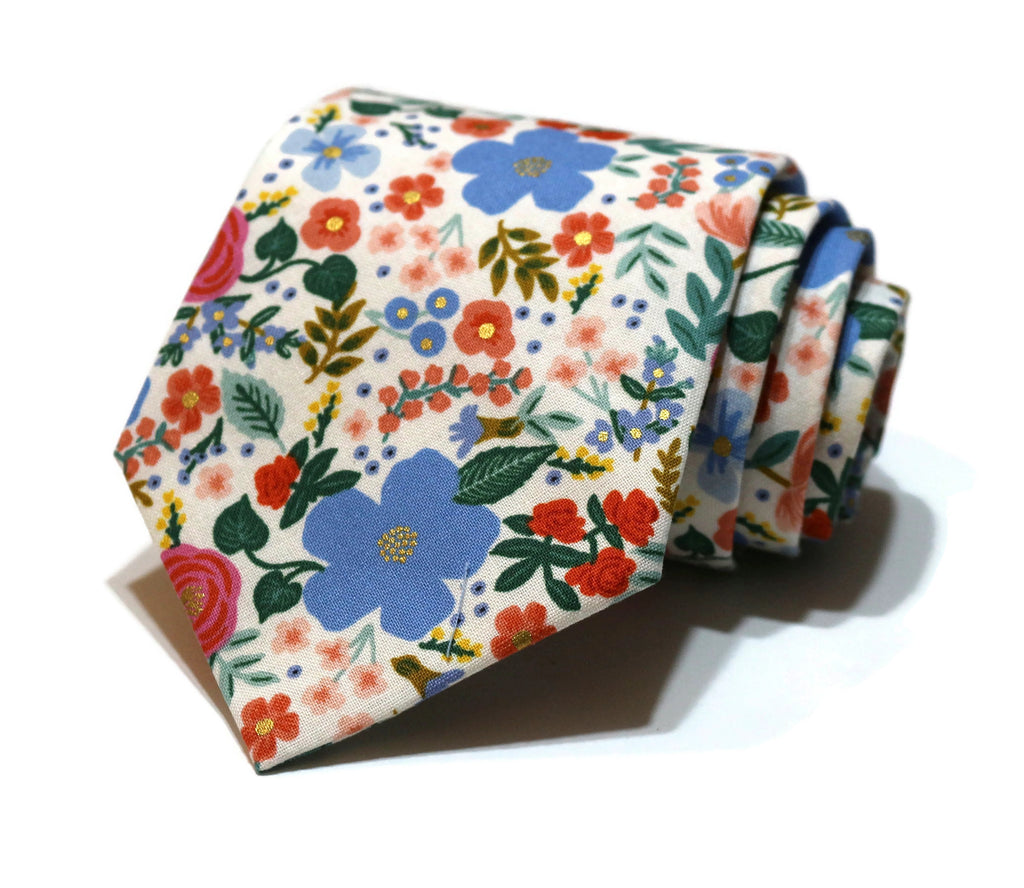 Cream Wild Rose Floral Necktie made from 100% cotton, perfect for men and boys, ideal for weddings and formal occasions.