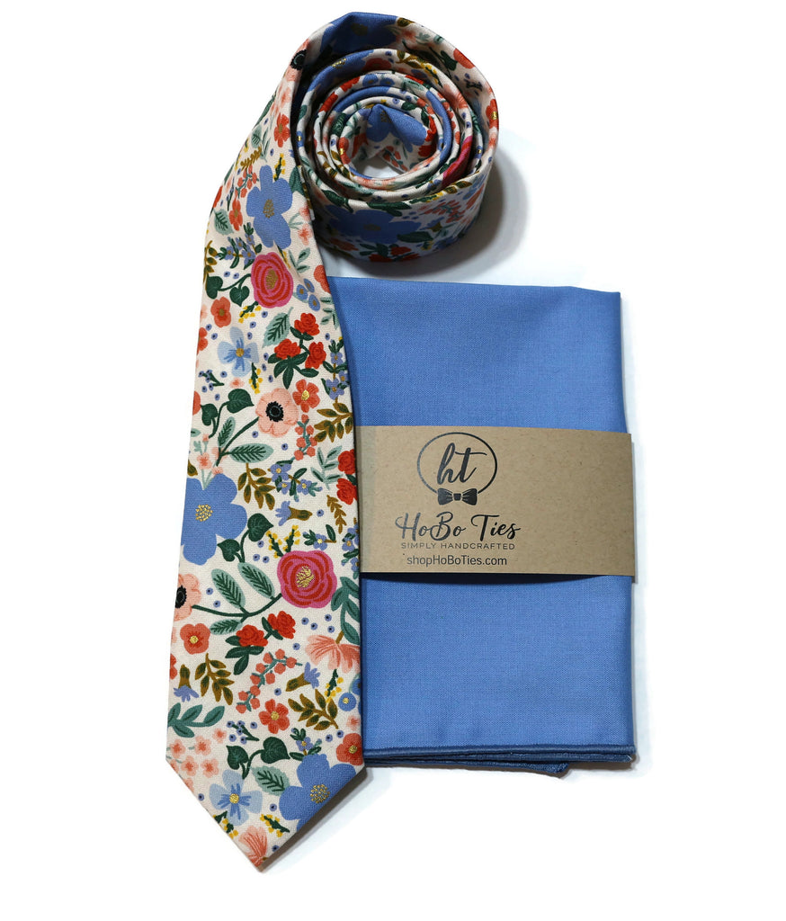 Cream Wild Rose Floral Necktie with matching pocket square, handcrafted neckties and accessories for men.