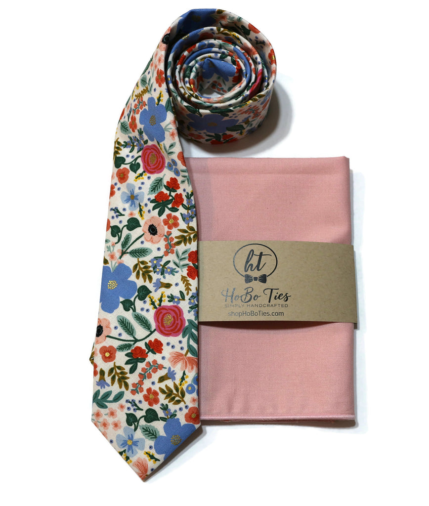 Cream Wild Rose Floral Necktie with matching pocket square, handcrafted neckties for formal wear.