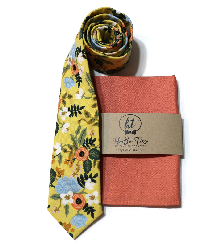 Yellow Birch Floral Necktie with coordinated pocket square, handcrafted neckties, floral neckties accessories.