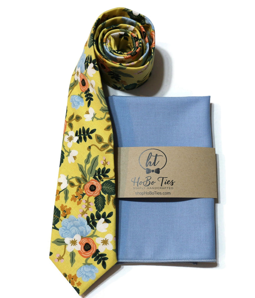 Yellow Birch Floral Necktie with matching pocket square, handcrafted neckties and handmade accessories for men and boys.