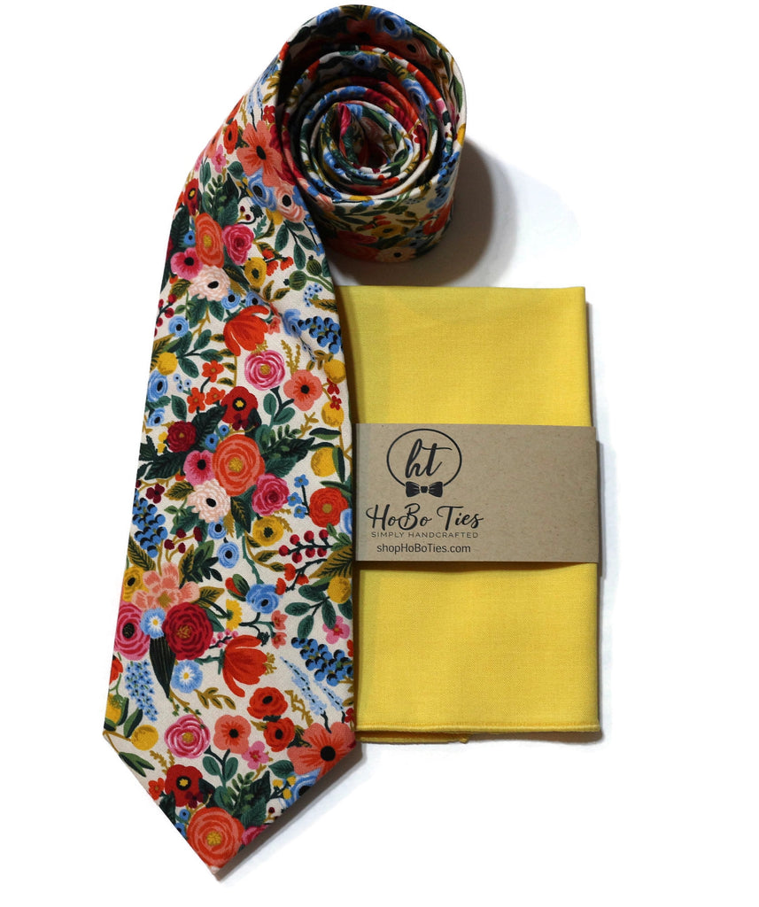 Cream Garden Party Petite Floral Necktie with matching pocket square in vibrant floral pattern and yellow fabric.