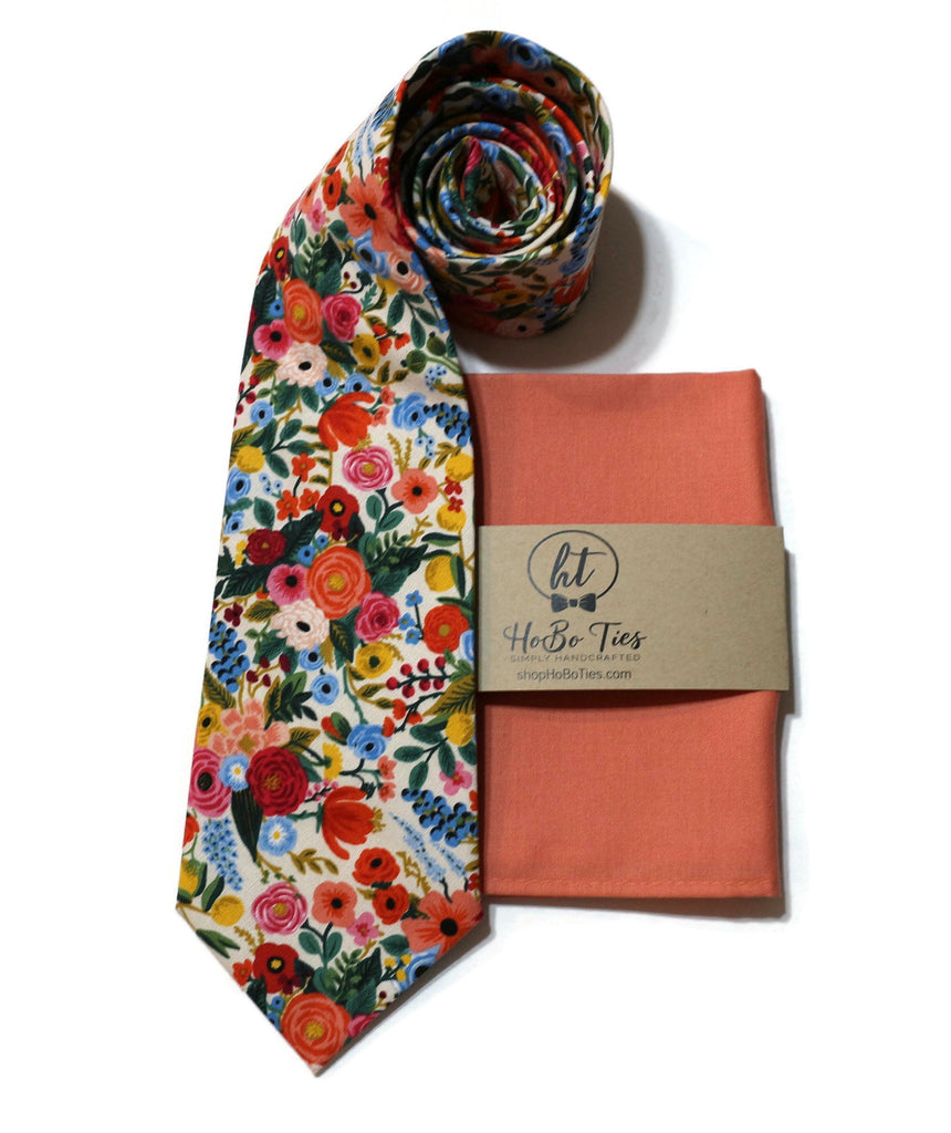 Cream Garden Party Petite Floral Necktie with matching pocket square for weddings and formal events.
