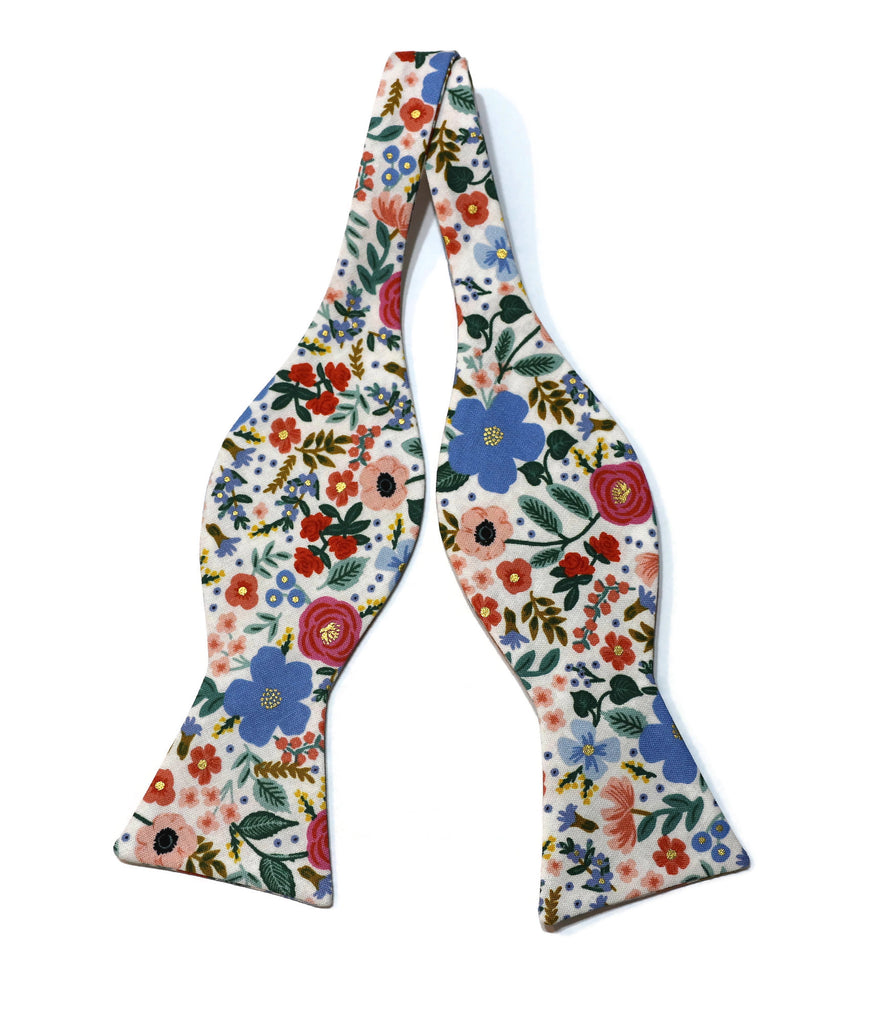 Cream Wild Rose Floral Bow Tie featuring vibrant floral patterns, perfect for men's formal wear accessories and weddings.