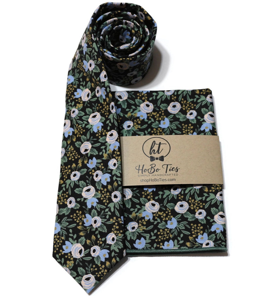 Black Rosa Floral Necktie - handcrafted neckties featuring floral design, perfect for men’s and boys wedding accessories.