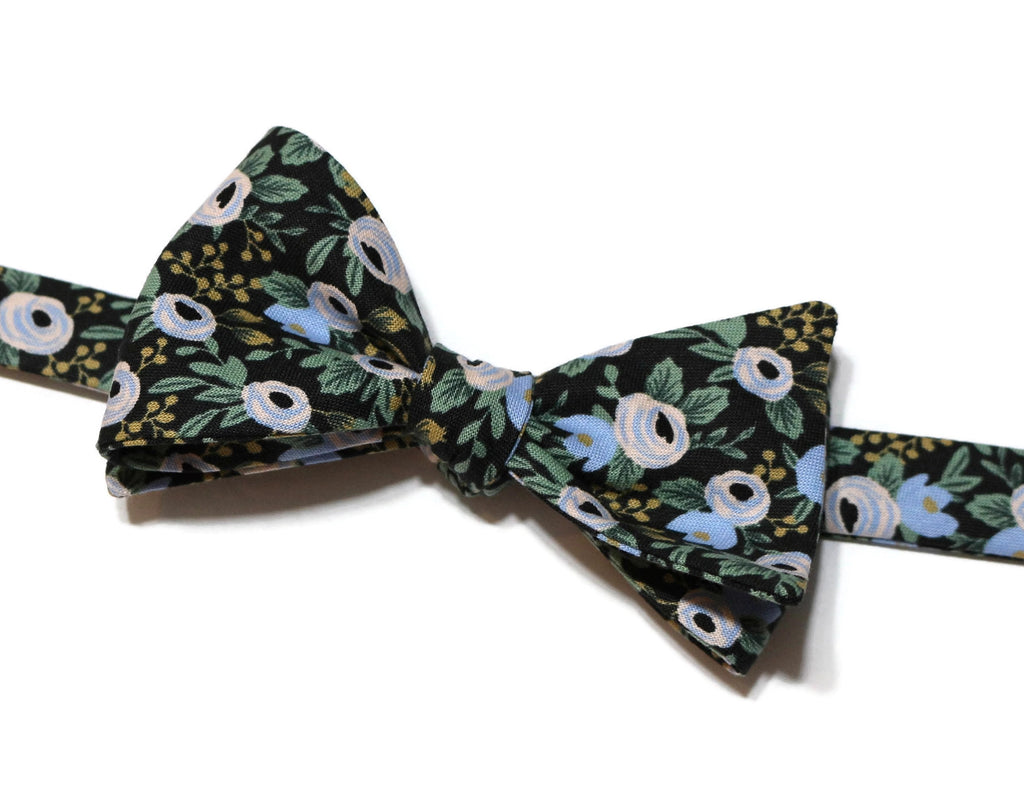 Black Rosa Floral Bow Tie featuring intricate floral patterns, perfect for weddings and formalwear accessories for men.