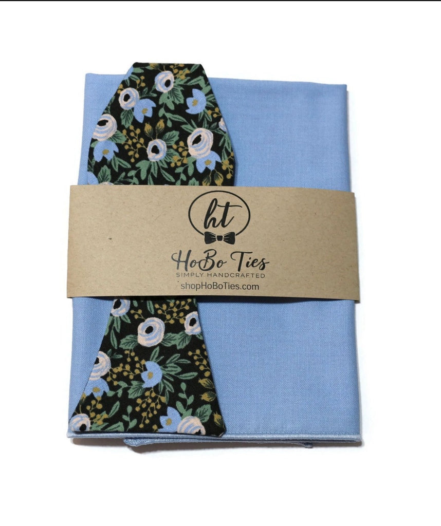 Black Rosa Floral Bow Tie with light blue pocket square, perfect for men's formal wear accessories.