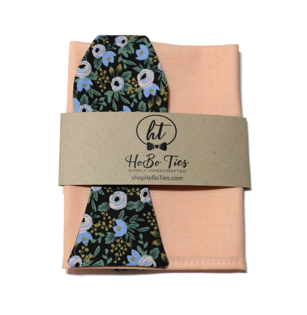 Black Rosa Floral Bow Tie paired with a peach pocket square, showcasing handcrafted neckties and handmade accessories.