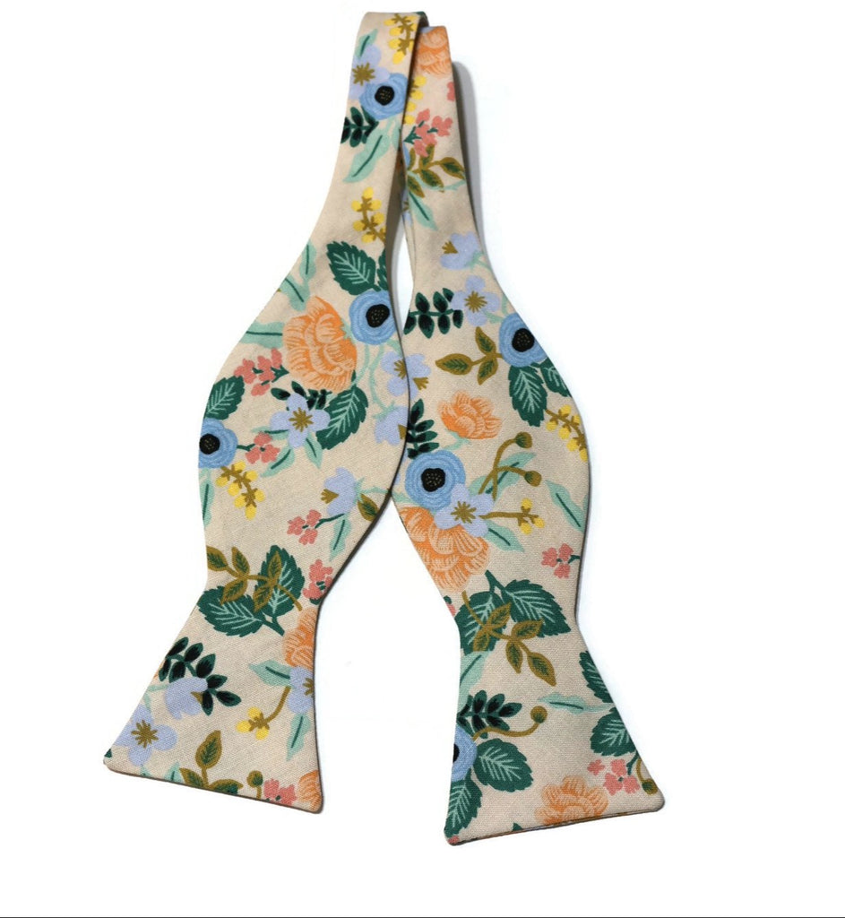 Blush Birch Floral Bow Tie, handcrafted neckties for men, unique floral design, perfect for weddings and formal events.