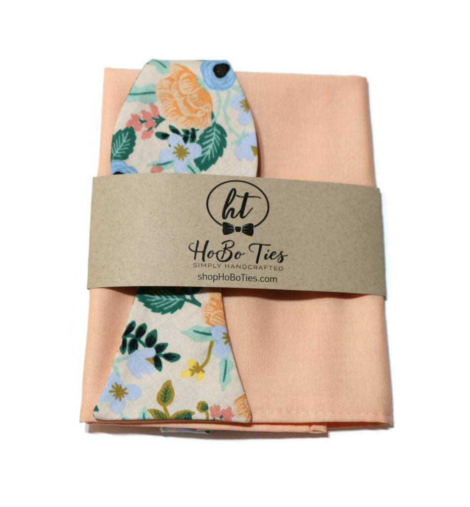 Blush Birch Floral Bow Tie with peach pocket square, handcrafted neckties for men and boys, unique wedding accessories.