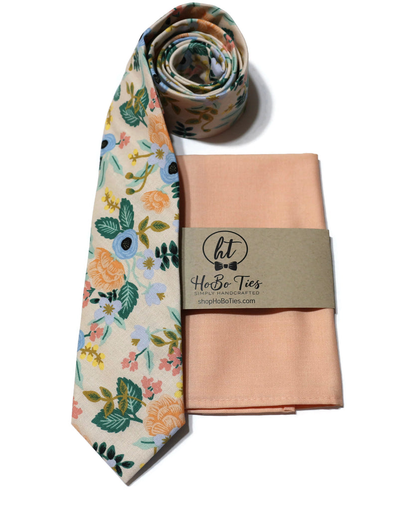 Blush Birch Floral Necktie paired with a peach pocket square, ideal for men and boys weddings and formal wear accessories.